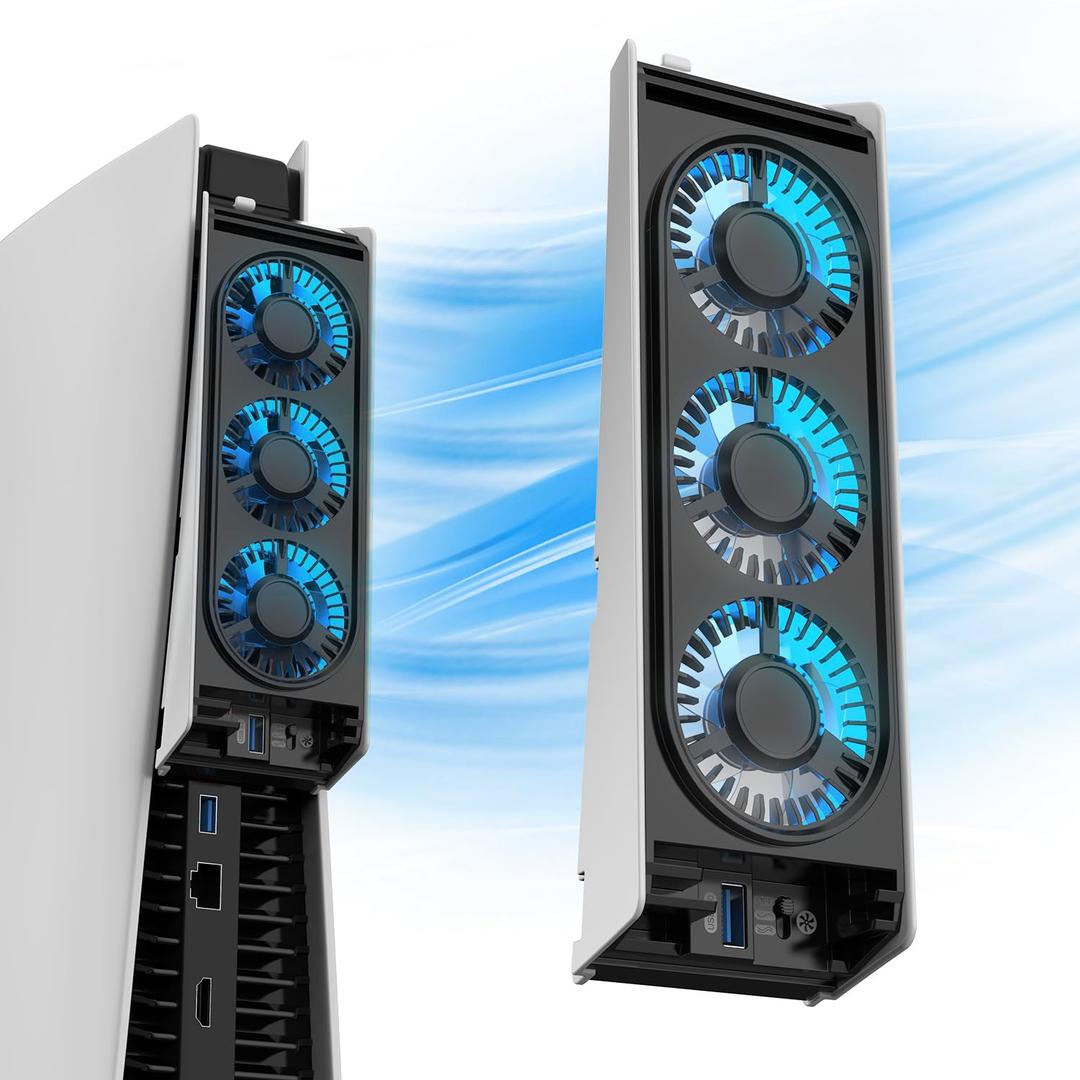 MEQI PS5 Cooling Fan, MEQI PS5 Accessories Upgraded Quiet Cooler Fan with LED Light & USB 3.0 Hubs, Efficient Cooling Station for PlayStation 5 Disc/Digital Edition