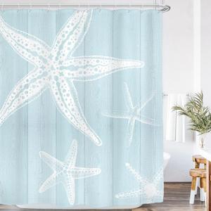 AMBZEK Beachy Shower Curtain Blue Coastal Beach Starfish Farmhouse Nautical Barn 60"Wx72"L Wooden Plank Ocean Vintage Pastel Rustic Country Cloth Fabric Polyester Bathroom Decor Set 12 Pack Hooks (60"W x 72"L (Pack of 1), A-starfish01)