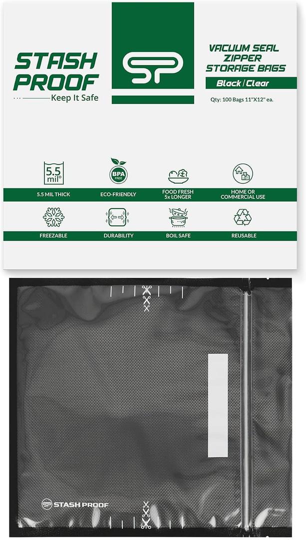 11" x 12" Vacuum Seal Zipper Bags, 100 Count 5.5 Mil BPA Free Black & Clear
