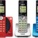 VTech 3-Handset Cordless Phone for Home with Caller ID/Call Waiting, Landline Phones, Illuminated Keypad, Full Duplex Speakerphone, ECO & Quiet Mode, Wall Mount | CS6919-3A (Red/Blue/Grey)