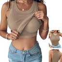 CHICME Women Built-in Bra Tank Tops Sleeveless Casual Shirts Racerback Ribbed Fitted Tank Tops (Medium, Khaki)