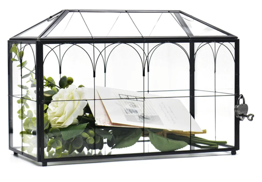 LargeBlack and Glass Card Box for wedding with Lock and Slot - Wedding Envelope Card Holder for Reception Clear Lock Box with Key Geometric Handmade Vintage Card Box for Wedding Party (Large-Black)