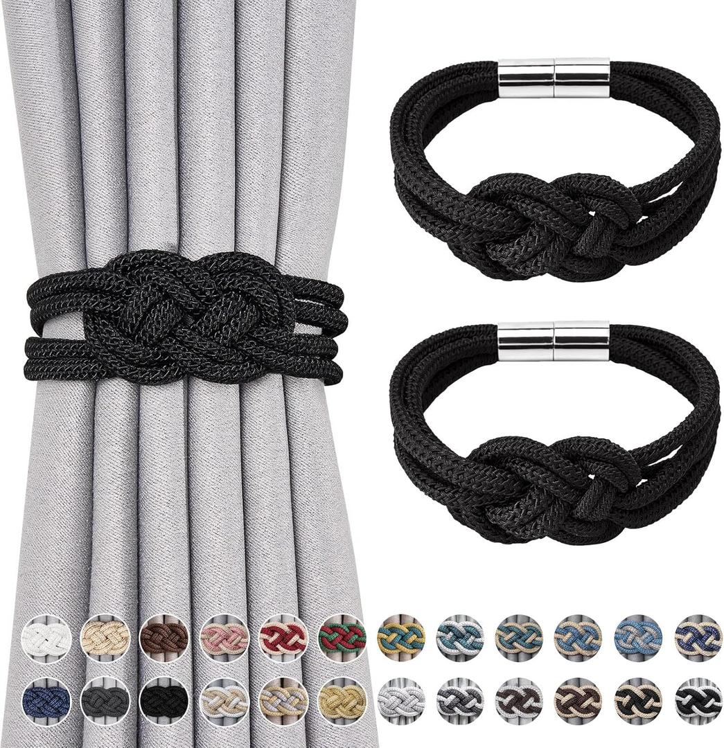 NICEEC 2 Pack Strong Magnetic Curtain Tiebacks Upgrade Nordic Simple Style Drape Tie Backs Double Color Weave Rope Knot Decorative Curtain Holdbacks for Home & Office Window Drapery (Black)