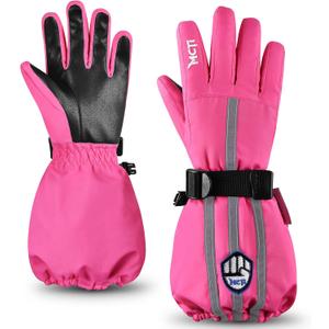 MCTi Kids Gloves Waterproof Winter Warm Snow Ski Gloves Long Cuff Fleece Lined with Reflective Strap (XX-Small(Fits 5-7 years), Pink)