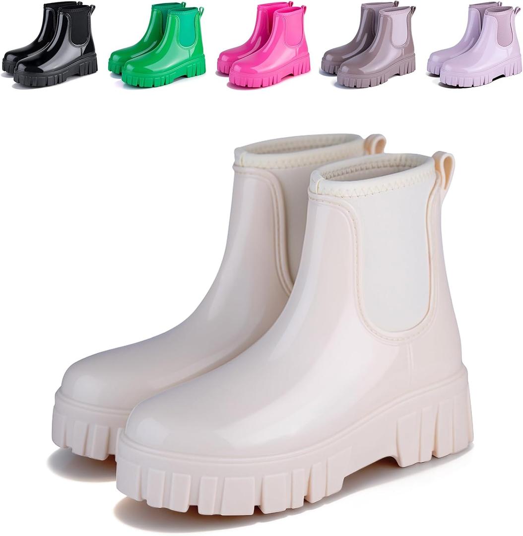 Womens Rain Boots Ankle Waterproof Garden Shoes Fashion Wellington Rubber Rainboots Slip-Resistant Work Shoes for Outdoor Work (9, White)