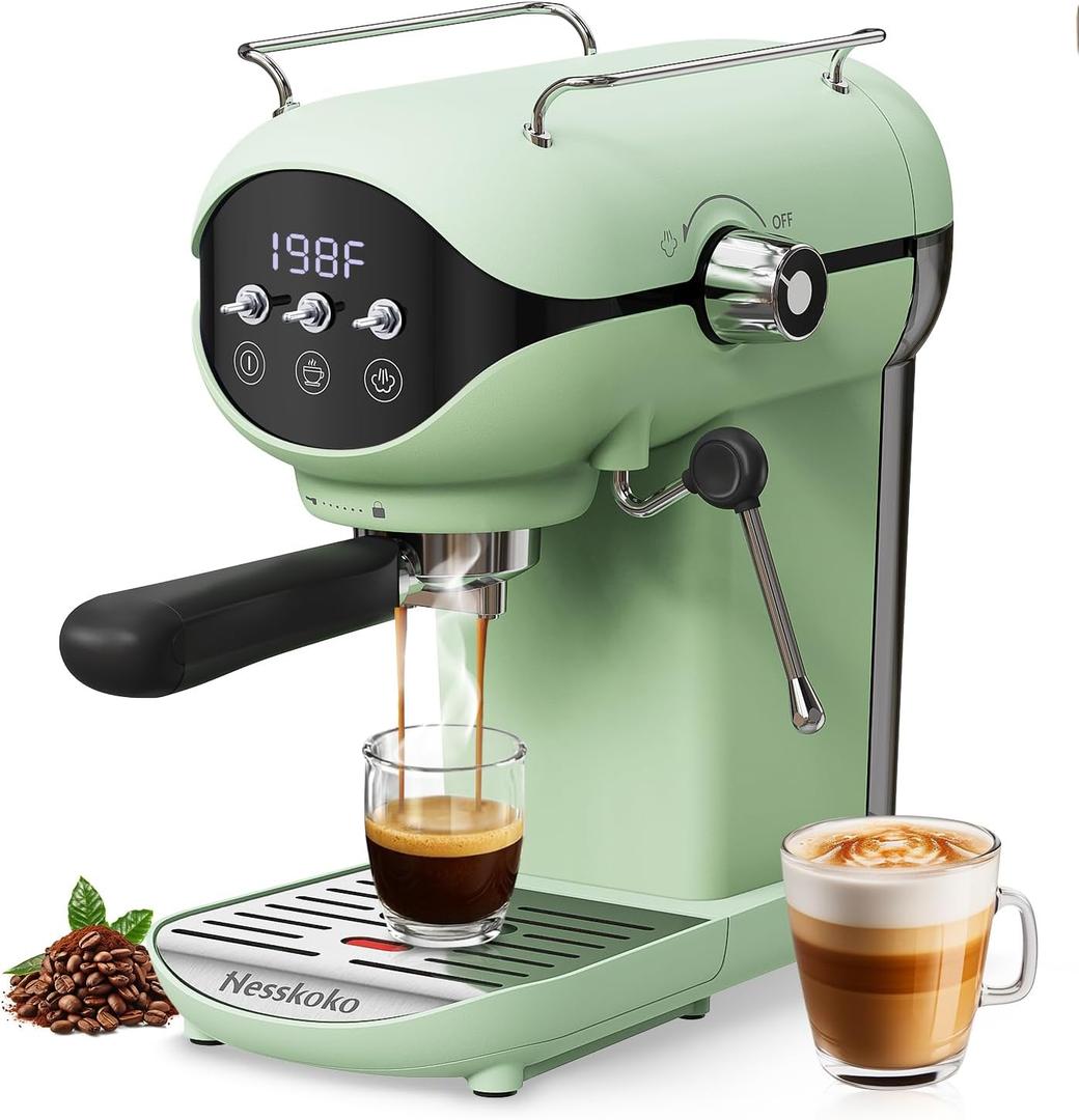 Espresso Machine with Steam Milk Frother Semi Automatic 20 Bar Compact Green with Toggle Switch for home Cafetera Espresso, Latte, Cappuccino, Americano, Macchiato
