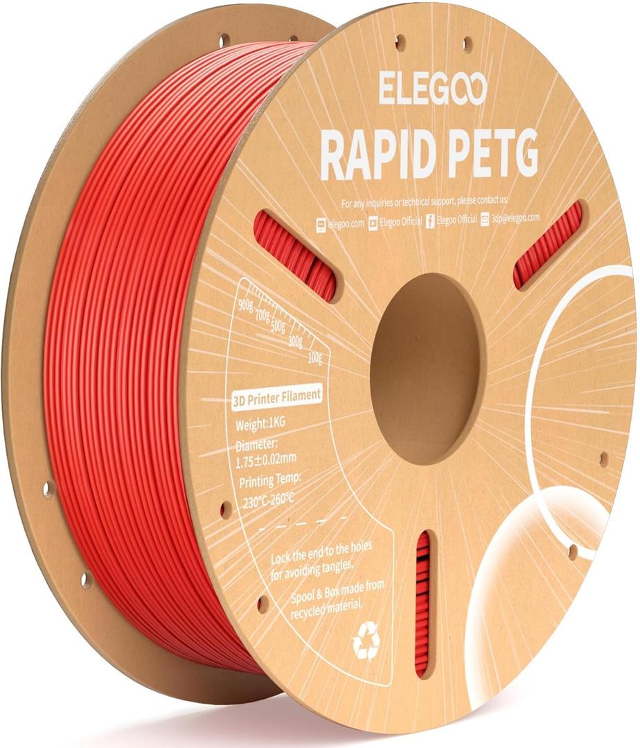 ELEGOO Rapid PETG Filament 1.75mm Red 1KG, High Speed 30-600mm/s 3D Printer Filament Dimensional Accuracy +/- 0.02 mm, 1kg Cardboard Spool(2.2lbs) Fits for Most FDM 3D Printers