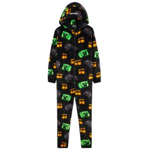 Minecraft Boys Fleece Hooded One-Piece Pajamas, Warm Fleece Hooded Loungewear Suit for Boys - Gifts for Gamers (Black/Multi, 7/8 Years)