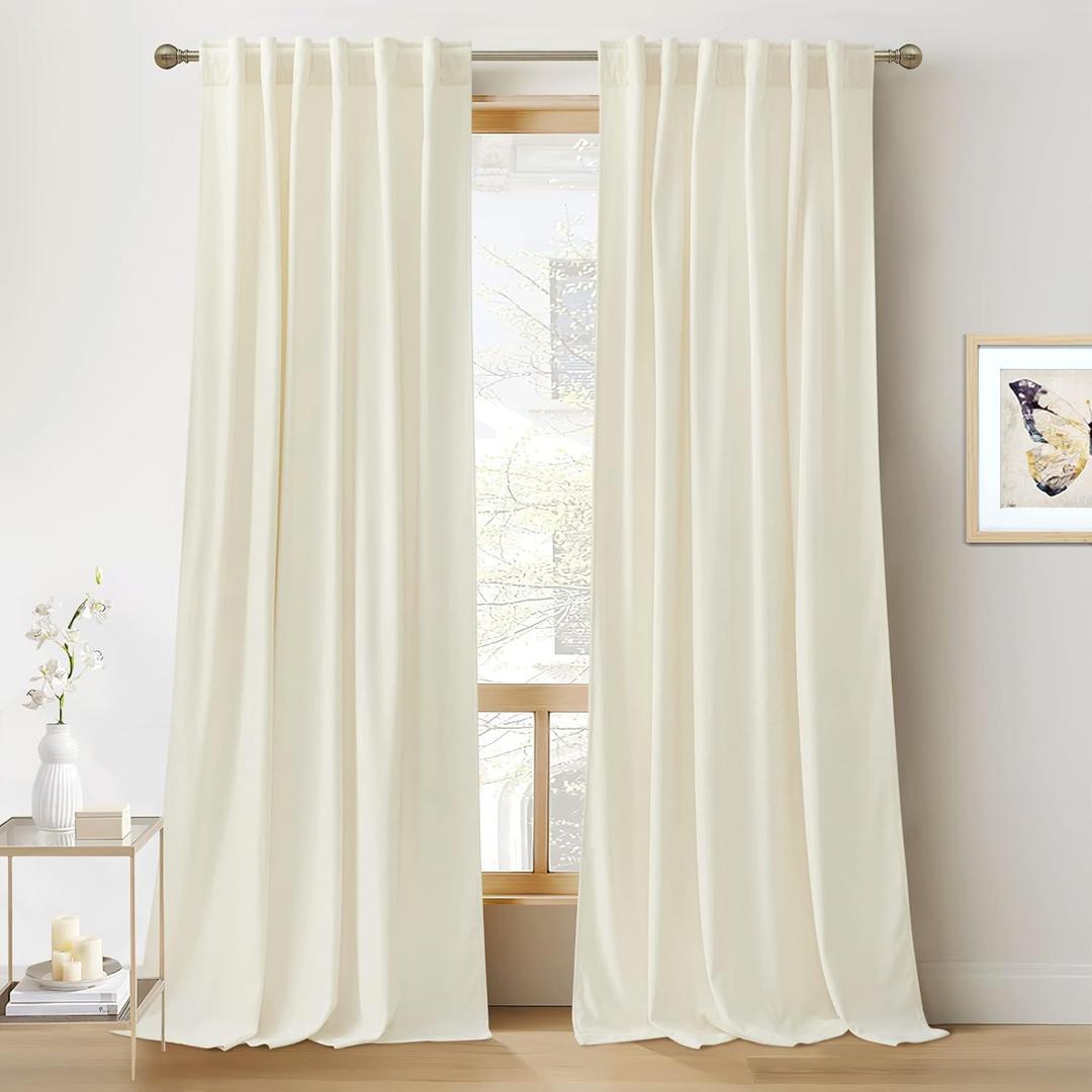 RYB HOME Cream White Velvet Curtains 80 inches, Back Tab Soft Fabric Room Darkening Thermal Insulated Luxurious Home Decor Curtains for Living Room Bedroom, W 52" x L 80", 2 Panels Set