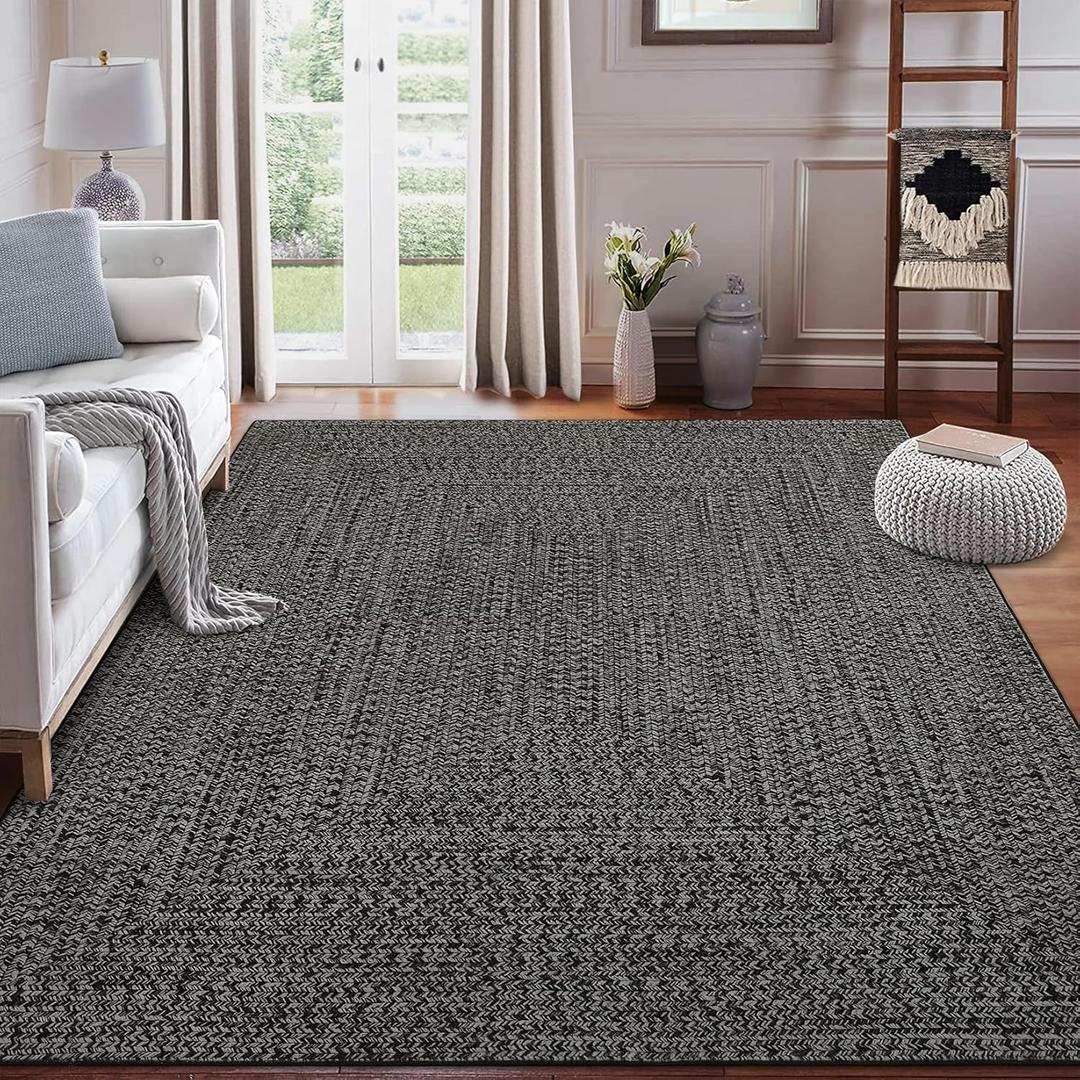 8x10 Area Rug Machine Washable Rug for Living Room Print Braided Accent Rug Stain Resistant Non-Slip Carpet Rug Farmhouse Solid Printed Textured Floor Cover for Home Decor, Grey/Brown