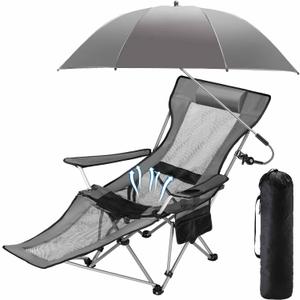 Yuntau Single Reclining Camping Chair with Removable Umbrella Folding Camp Chair for Outdoor(Grey)
