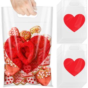 Kolldenn 100 Pcs Valentine's Day Heart Treat Bags with Handles Clear Plastic Gift Bags for Candy, Cookies & Snacks Bulk Valentine Goodie Bag for Party Favors & Bakery Packaging