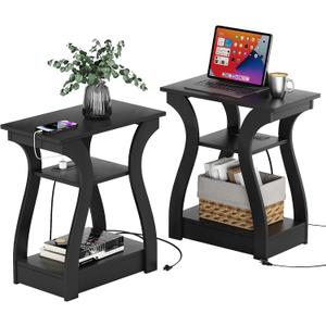 FROMJBEST Black End Table Set of 2 with Charging Station, Side Table with USB Ports and Outlets, Black Nightstand, 3 Tier End Table with Storage Shelf for Living Room, Bedroom