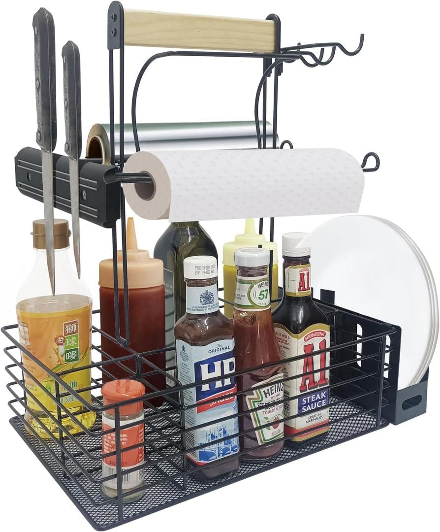 Grill Caddy,BBQ Condiment Organizer for Outdoor, Camping Tailgating Picnic Kitchen Storage Caddy Kitchen Organizer for Camper Magnetic Tool Holder with Paper Towel Holder with Handle Portable