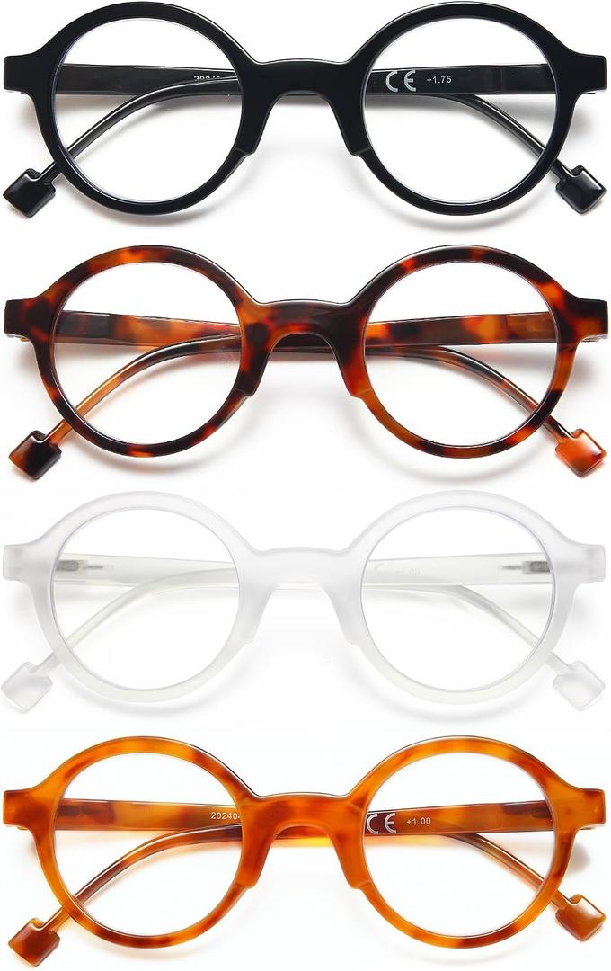 YTDBNS Retro Round Reading Glasses for Women/ Men, 4 Pack Lightweight Blue Light Blocking Readers, Vintage Circle Frame Eyewear for Daily Use, 1.00