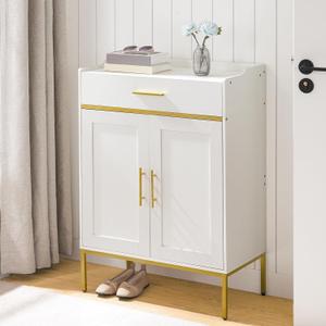 HOOBRO Shoe Cabinet with Doors, 5-Tier Shoe Storage Cabinet with Drawers, 36.6'' Tall Shoes Rack Organizer Cabinet, Wooden Shoe Cabinet Storage for Entryway, Adjustable Shelves, White DW14SC01 (White + Gold)