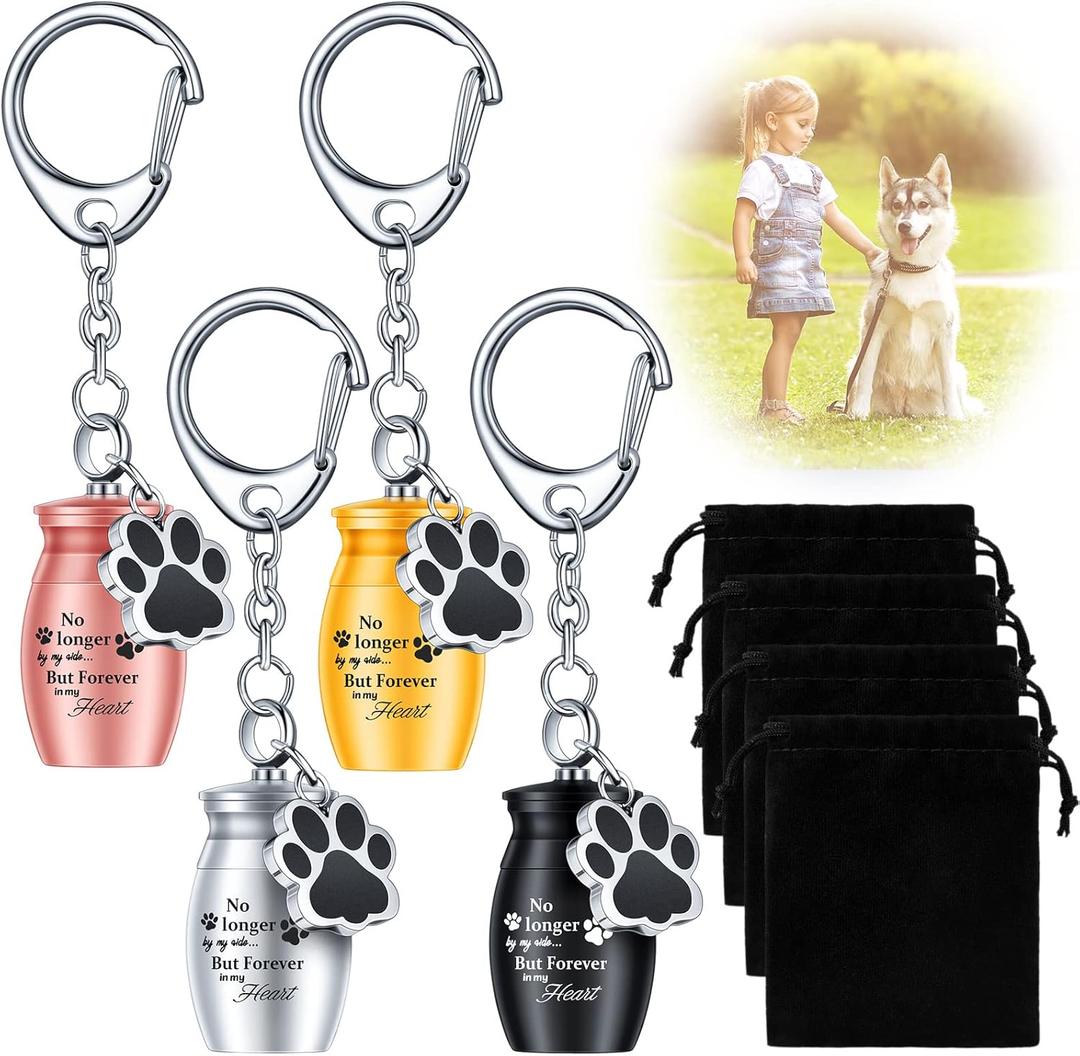 Batiyeer 4 Pcs Pet Urns Keychain for Dogs Ashes Keepsake Stainless Steel Small Pet Cremation Keepsake for Dogs Cats Ashes with Black Velvet Storage Bags, Puppy Cremation Jewelry Paw Charm