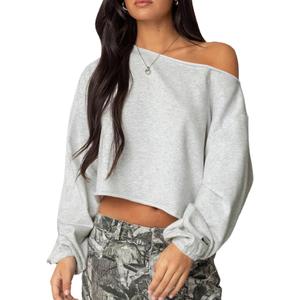 Aonoapll Women Off the Shoulder Sweatshirt Long Sleeve One Shoulder Oversized Crop Top Fall Pullover Cropped Sweatshirts (M)