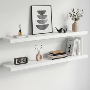 Homeforia White Floating Shelves 42 inch, High End Solid Real Wood 42inch Floating Shelf for Wall Mounted, White Wooden 42in Long Floating Shelves, Heavy Duty Bracket, 42 X 6.5 X 1.75 inches, Set of 3
