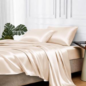 MR&HM Satin Bed Sheets, King Size Sheets Set, 4 Pcs Silky Bedding Set with 15 Inches Deep Pocket for Mattress (King, Beige)