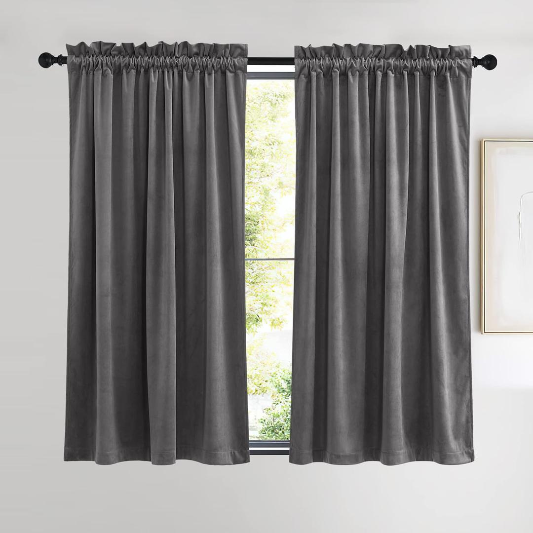 NICETOWN Living Room Grey Velvet Curtains, Sound and Sunlight Reducing Heavy Matt Rod Pocket Drapes/Panels for Kitchen Small Window (2 Panel Per Pack, 54 inches Long)