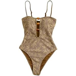 SOLY HUX Women's One Piece Swimsuit Cutout Bathing Suits High Cut Swimwear Vacation Cruise Wear Khaki Graphic Medium