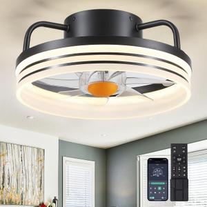 Ceiling Fans with Lights and Remote - Flush Mount Low Profile Ceiling Fans - 13 Bladeless Enclosed Ceiling Fans with Led Light and Stepless Dimming, Small Modern Ceiling Fan for Bedroom (Black-13"-7873)