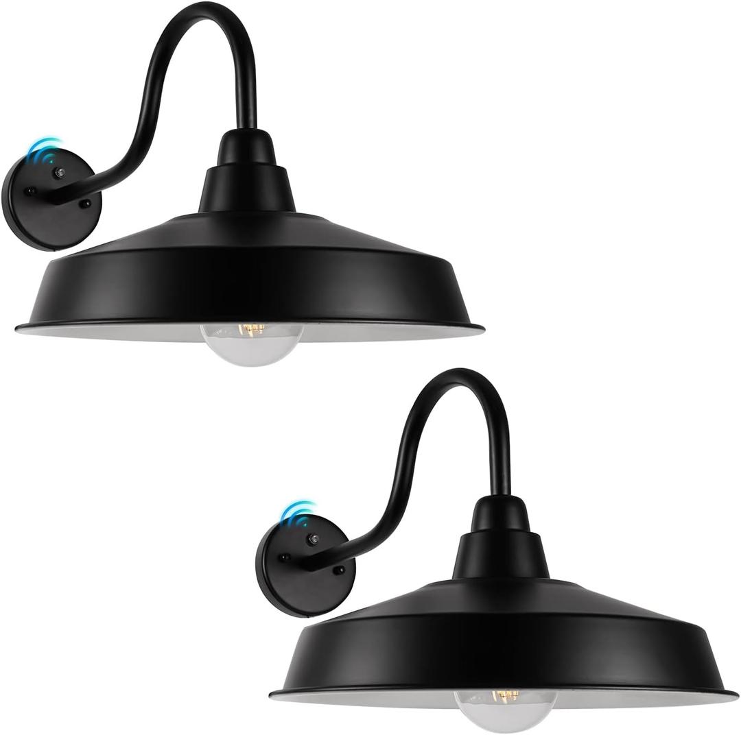 Dusk to Dawn Barn Light Outdoor, 16 Inch Dome Large Farmhouse Exterior Light Fixture Wall Mount, Industrial Outdoor Wall Sconce Outside for House, Shop, Porch, Garage, Black, 2 Pack