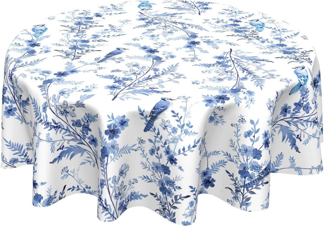 Blue Floral Round Tablecloth 60 Inch Chinoiserie Flowers Table Cloth Round Vintage Farmhouse Tablecloth Spring Blue White Floral Washable Round Table Cover for Home Picnic Dinner Table Decoration