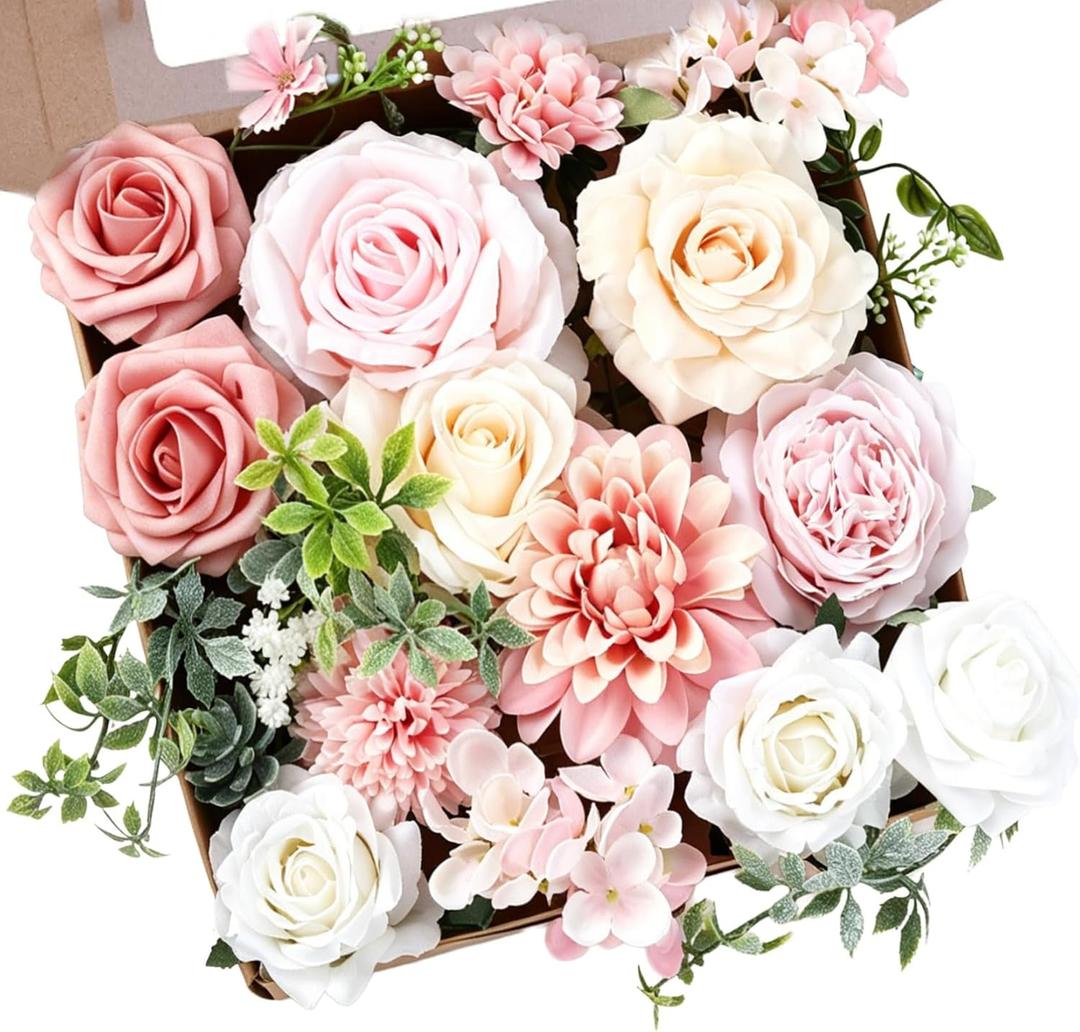 Pink Artificial Flowers Combo, Fake Flowers Mixed Rose Peonie Dahlia, Pink White Silk Flowers with Stems for Wedding Bouquets Centerpieces Floral Arrangements Party Baby Shower Home Decor