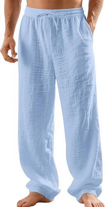 TRFIC Mens Linen Pants Yoga Beach Loose Fit Casual Summer Elastic Waist Drawstring Baggy Trousers with Pockets Light Blue S 