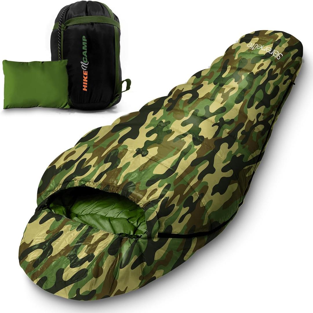 SereneLife 0 Degree Mummy Sleeping Bag  Military-Style, Lightweight & Waterproof for Extreme Cold, Stays Warm in 510F, No-Snag Zipper, Compact Carry Bag & Travel Pillow for Camping & Backpacking (Camouflage)