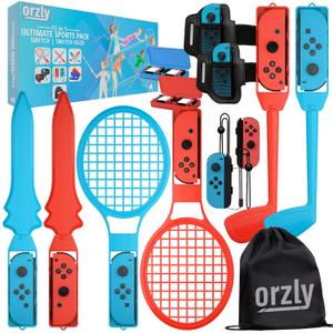 Orzly Switch Sports Games 2024 Accessories Bundle Pack for Nintendo Switch & Switch OLED with Tennis Rackets, Golf Clubs, Chambara Swords, Soccer Leg Straps & Joycon Grips - With Carry Bag (Multicolor)
