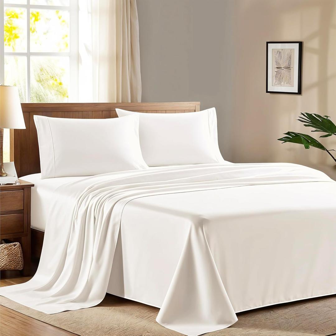 Ashton Sheets 100% Egyptian Cotton King Size Sheet Set - 600 Thread Count Egyptian Cotton Sheets Set for King Size Bed (4 Pc, Ivory), Soft, Cooling, Luxury Hotel 16" Deep Pocket Sateen Weave Bedsheet