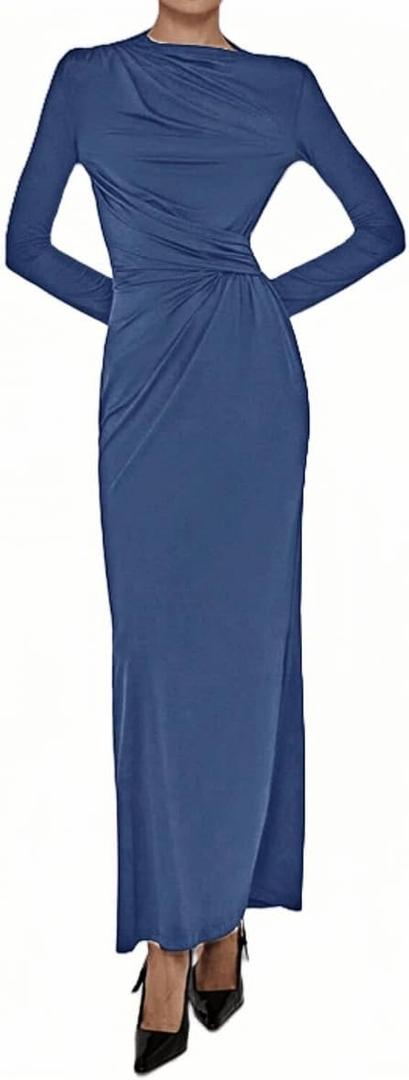 YOXUA Women Elegant Casual Long Sleeve Sexy Bodycon Lounge Temperament Crewneck Maxi Dress (Blue, Large)