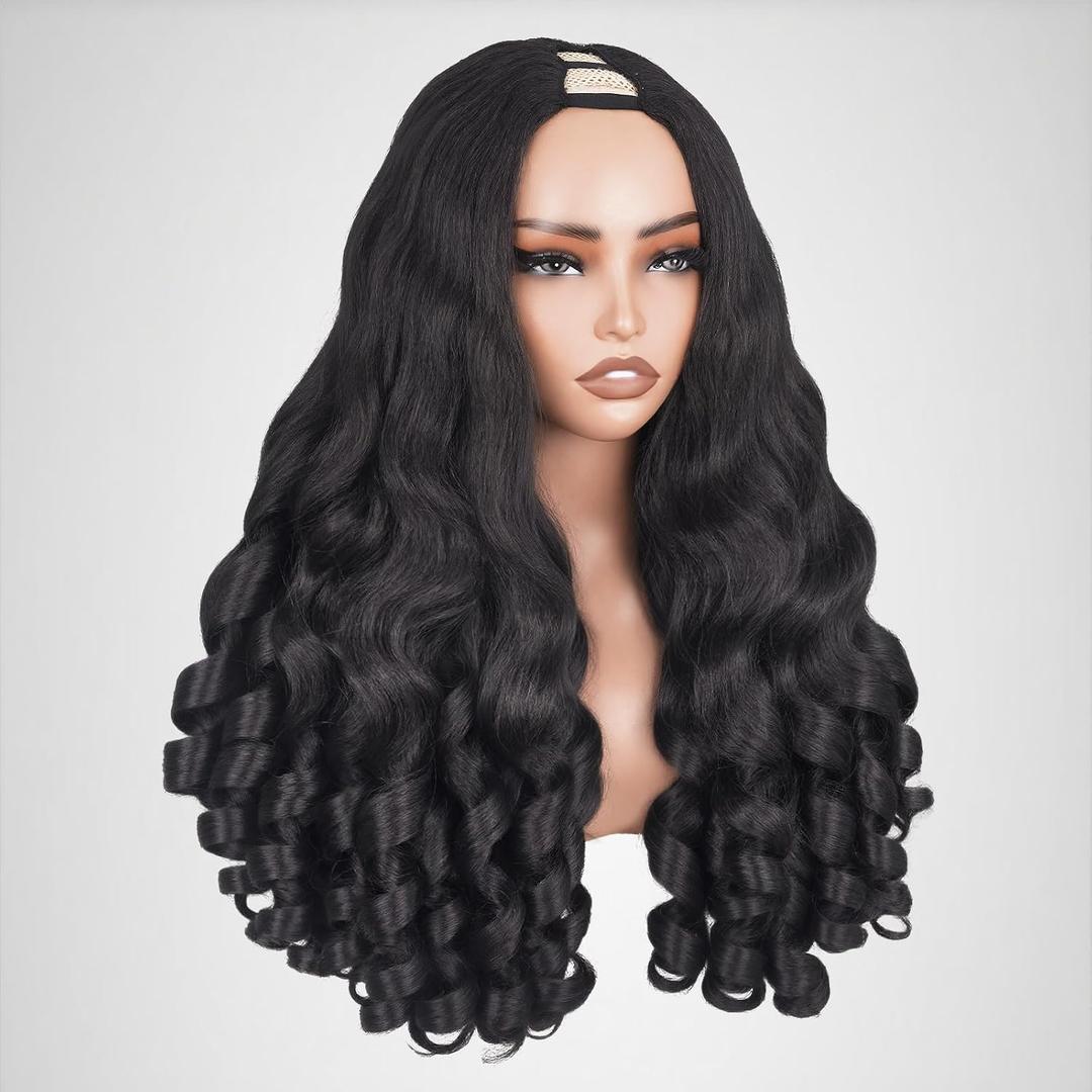 V Part Wig Curly Half Wig for Black Women, 180% Density Wear and Go Glueless Wigs with Bouncy Curls in the End, Heat-Resistant Synthetic Hair No Leave out Clip in (Black, 24 Inch)