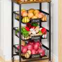 Giwil Vegetable Fruit Basket for Kitchen Pantry Organizers Storage, 4-Tier Utility Rolling Cart on Wheels with Wood Top and Drawer Wire Baskets for Onions Potatoes Snacks, Black