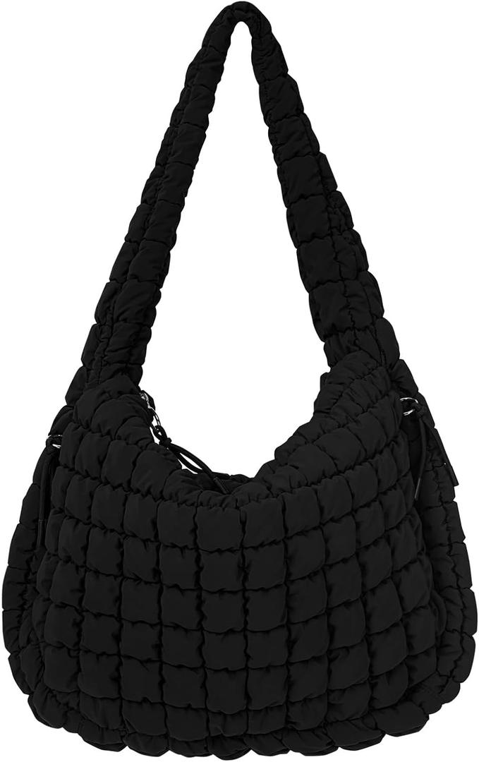 Juoxeepy Quilted Tote Bag Large Carryall Puffer Shoulder Bag Lightweight Padding Hobo Bag (Black)