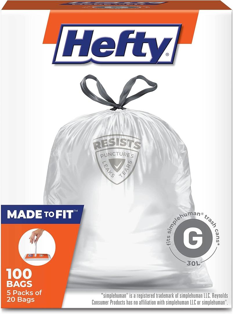 Hefty Made to Fit Trash Bags, Fits simplehuman Size G (8 Gallons), 100 Count (5 Pouches of 20 Bags Each) (Clear)