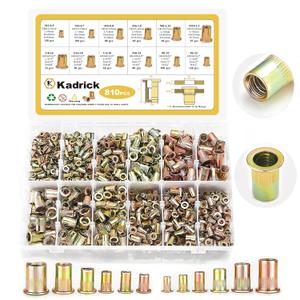 Kadrick Rivet Nut Kit, 810pcs SAE & Metric Rivet Nut Assortment Kit Galvanized Carbon Steel Flat Head Threaded Insert Nuts, Sizes 6-32 8-32 10-24 1/4"-20 5/16"-18 3/8"-16 M3 M4 M5 M6 M8 M10