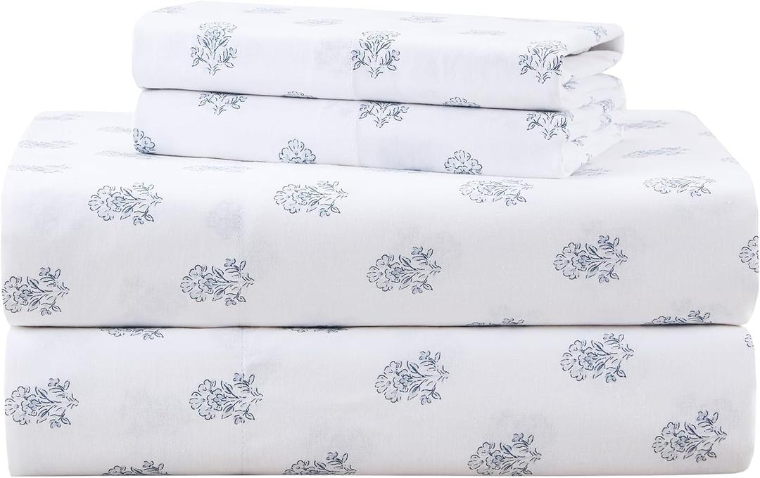 Comfort Spaces 100% Cotton Sheets Queen, Breathable, Naturally Cool Cotton Sheets, Soft Cotton Bed Sheets with 14" Elastic Pocket Fits up to 16" Mattress, All Seasons Sheet Set, Floral Blue 4 Piece