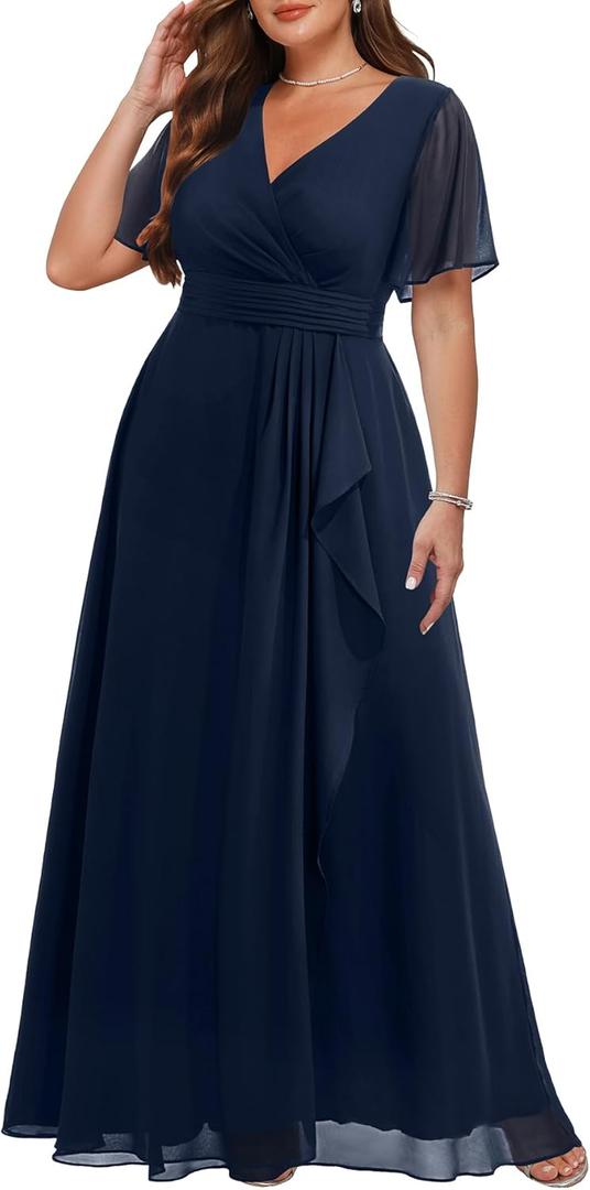 Talisea Plus Size Formal Dresses - Wedding Guest Bridesmaid Evening Prom Chiffon V Neck Ruffle Short Sleeves Long Dress Women, 16 Plus