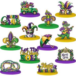 12 Pcs Mardi Gras Decorations Wooden Mardi Gras Table Centerpiece Sign Masquerade Mask Hats Let The Good Times Roll Block Wood Sign for Tabletop Home Shelf Carnival Party Decor