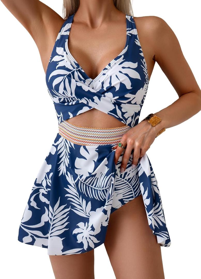 Women Cutout Swimdress One Piece Swimsuit Color Block Bathing Suit with Skirt Wrap Front Tummy Control Swim Dress (Medium, Blue White Leaf)