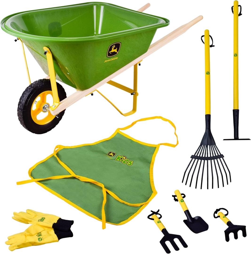 John Deere Deluxe 34" Wheelbarrow and Garden Set Includes 5 Realistic Gardening Tools,Gardening Apron, Gardening Gloves, Large Wheelbarrow, Outdoor Toy Ages 5+