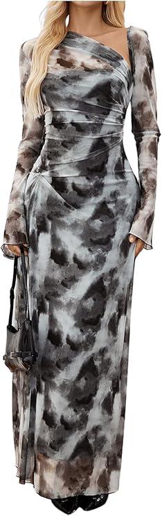 BEAUDRM Women's Tie Dye Mesh Long Dress Ruched Asymmetrical Neck Long Bell Sleeve Maxi Dress Elegant Dresses (Large, Grey Brown)