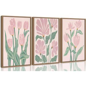 Framed 3 Pcs Pink Tulips Flowers Canvas Wall Art Boho Pink and Green Abstract Floral Botanical Paintings Pictures Wall Decor Poster Print Artwork for Living Room Bedroom Home Decoration