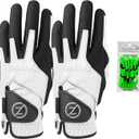 Zero Friction Men's Compression-Fit Synthetic Golf Glove, Universal Fit One Size (Pack of 2) with Pack of Golf Tees, (Black,White)