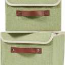 2PCS Storage Boxes with Lid Cotton Linen Fabric Storage Bins Organizer Container Decorative Collapsible Washable Shelf Closet Baskets Faux Leather Handles Home Bedroom (Green, Small Size)