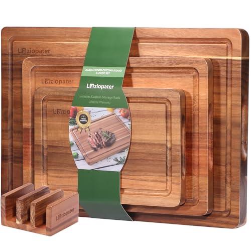 Acacia Wood Cutting Board，Solid Wood Cutting Board for Kitchen with Holder with Deep Juice Grooves & Built-in Handles, Durable Wooden Chopping Board Set of 3 for Meat, Vegetables and Fruits